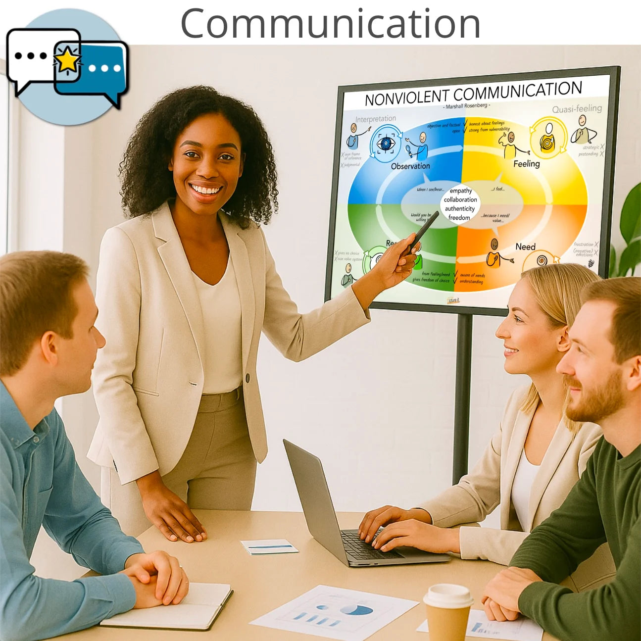 Group session with a facilitator presenting a communication visual during a tram workshop