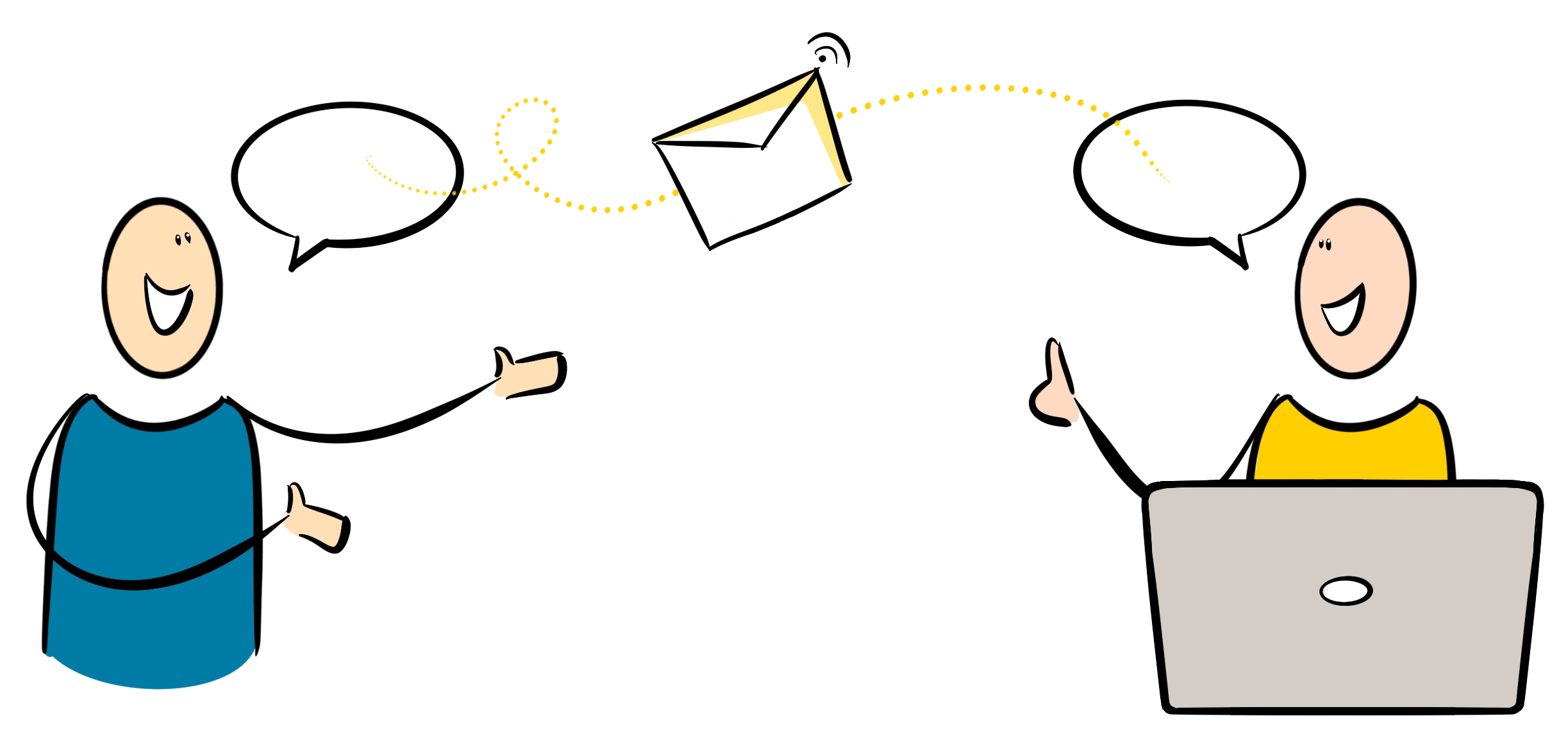 two hand drawn characters communicate with each other with a flying envelope between them showing clear friendly contact and support for the theme how to reach us