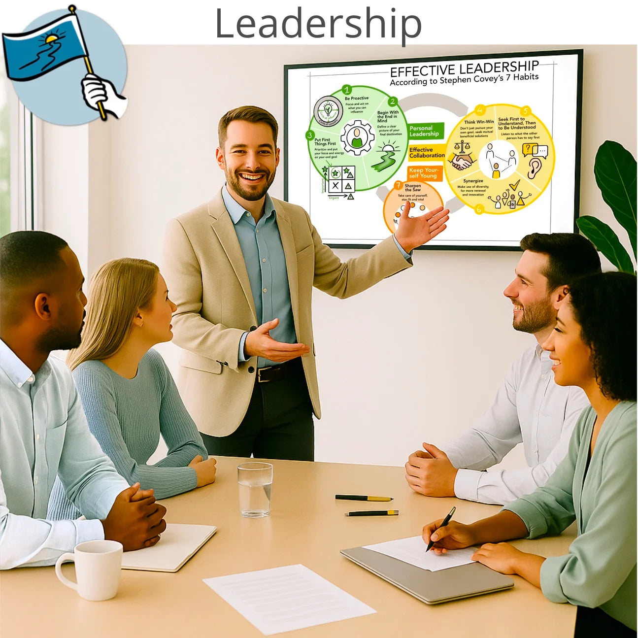 Team session with a facilitator presenting a leadership visual during a leadership development course