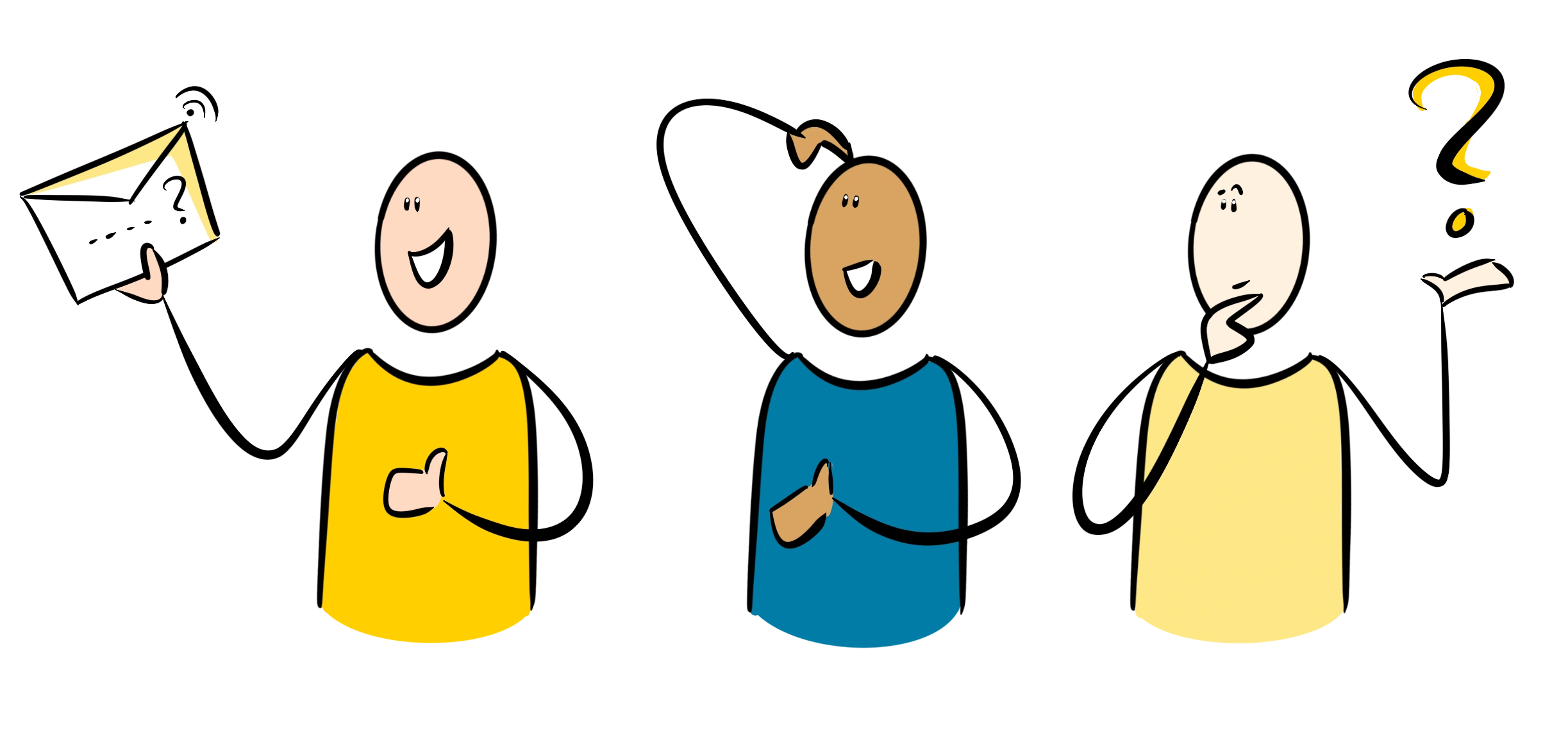 Three hand drawn characters show different help moments visualising the need for some help