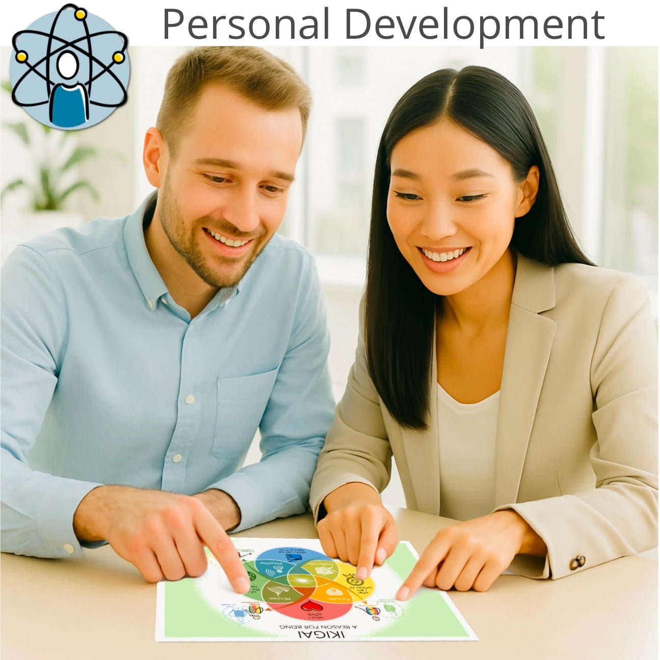 Two colleagues reviewing a personal development visual during a coaching session
