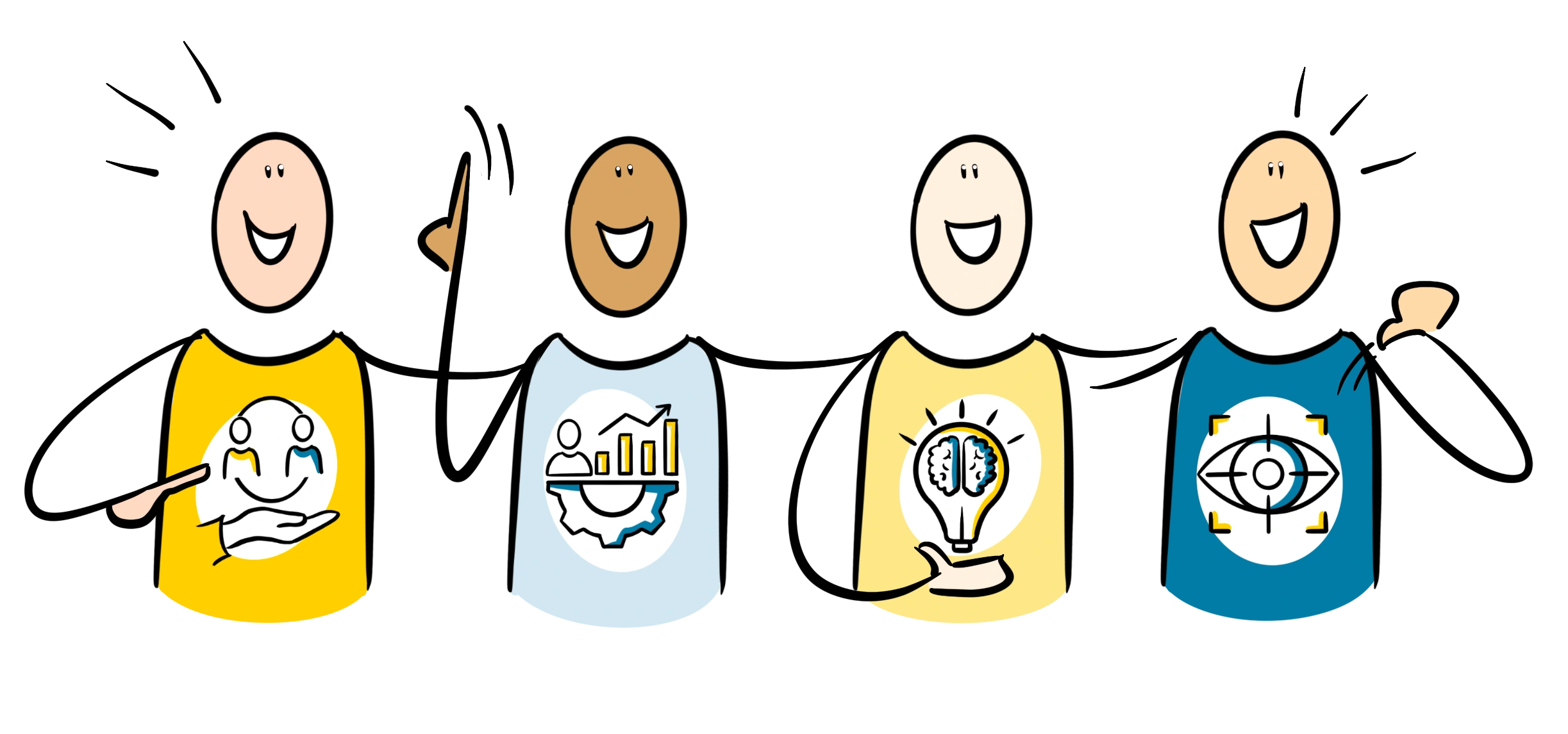 Four hand drawn characters with different icons on their shirt showing the key roles that use Leadership Visuals including leaders, trainers, coaches and facilitators, illustrated in a clear friendly visual style suitable for workshops, presentations and team development